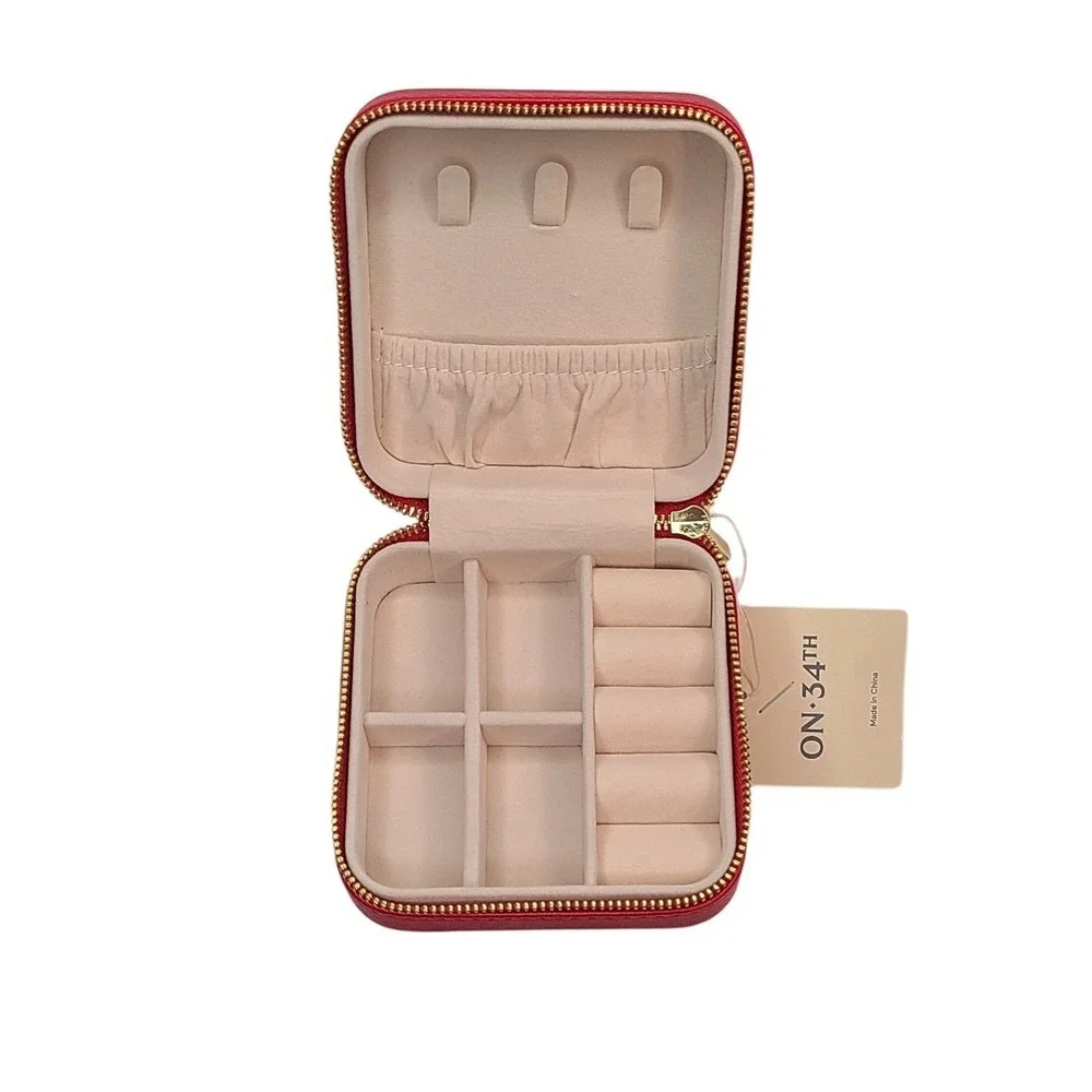 ON 34TH Red Saffiano Faux Leather Jewelry Travel Organizer Case Zippered Pouch‎